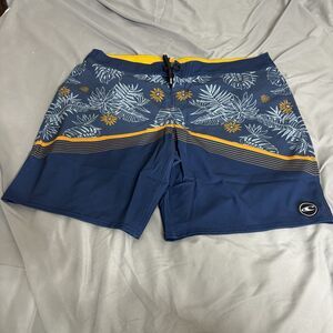 O'Neill Mens Swim Shorts Size 40 Hawaiian Print Blue Inseam 10.5in Poly Spandex
